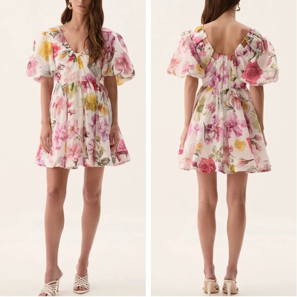 NWT Aje Fleur Mini Dress Floral Collage Floral Pink White Vacation Cocktail US6 - Picture 1 of 11